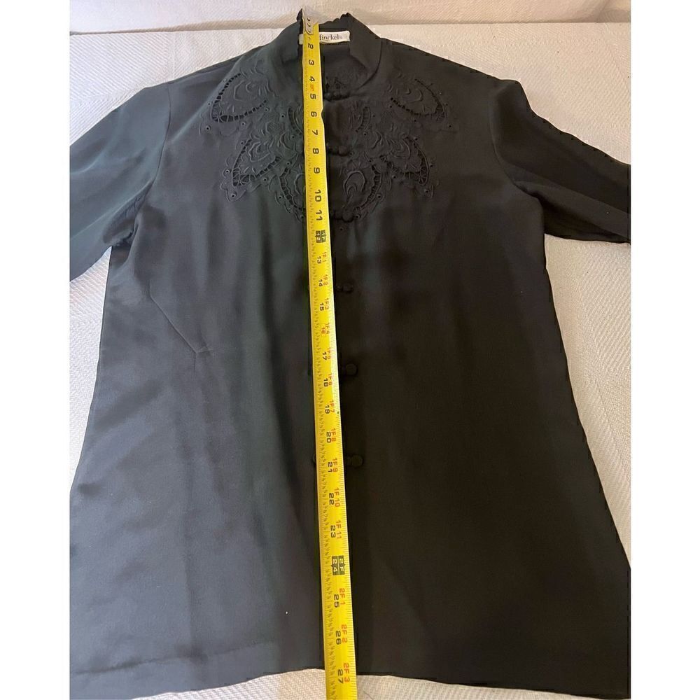 Vtg Garfinckel’s Black Cut Out Decor Frog Closure Blouse sz 10 See Measurements - Picture 11 of 11